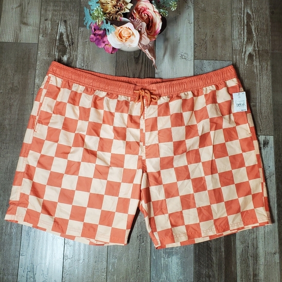 NWT Mad Engine Men's Orange Checked Swim Trunks Size XXL - Picture 1 of 14